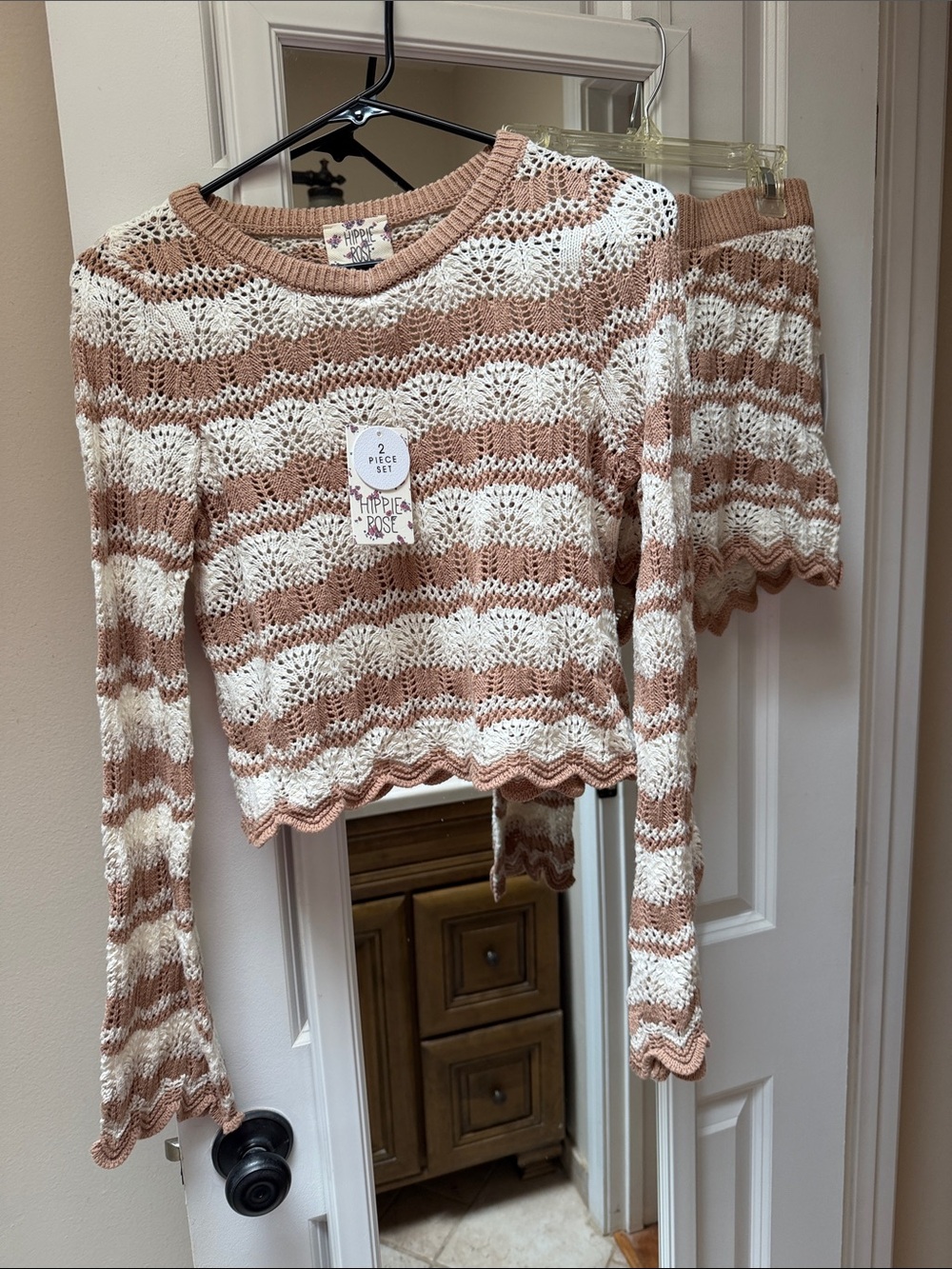 Hippie Rose Crochet Striped Set Long-Sleeve  Top in Cream & Tan, Matching Shorts